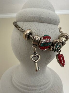 Pandora Bracelet Sterling Silver Heart Key Charm Bracelet Red & Green Beads